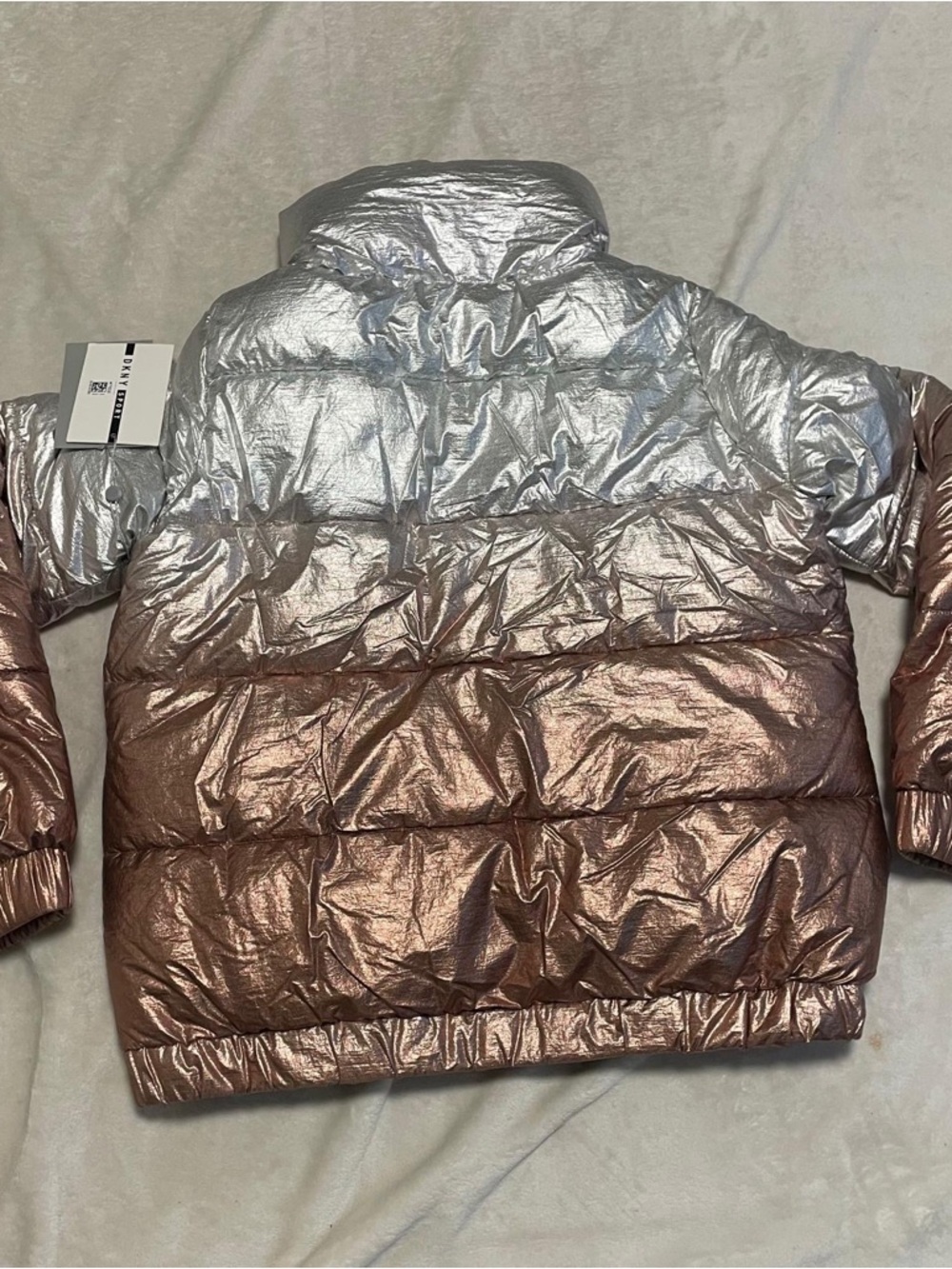 DKNY Metallic Silver to Rose Gold Ombre Puffer Jacket